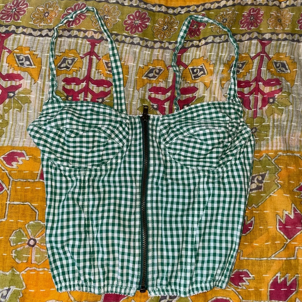 Green and white plaid zip up corset top size S (fits XS/S)